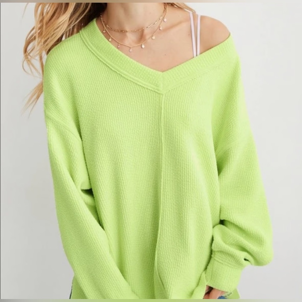 Aerie Oversized Wonder Textured Women's V-Neck Sweater - Lime Green